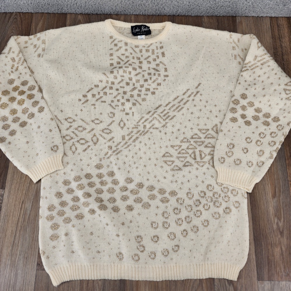 Leslie Knits Italy Medium Sweater Wool Blend Metallic Accents Geometric Pattern